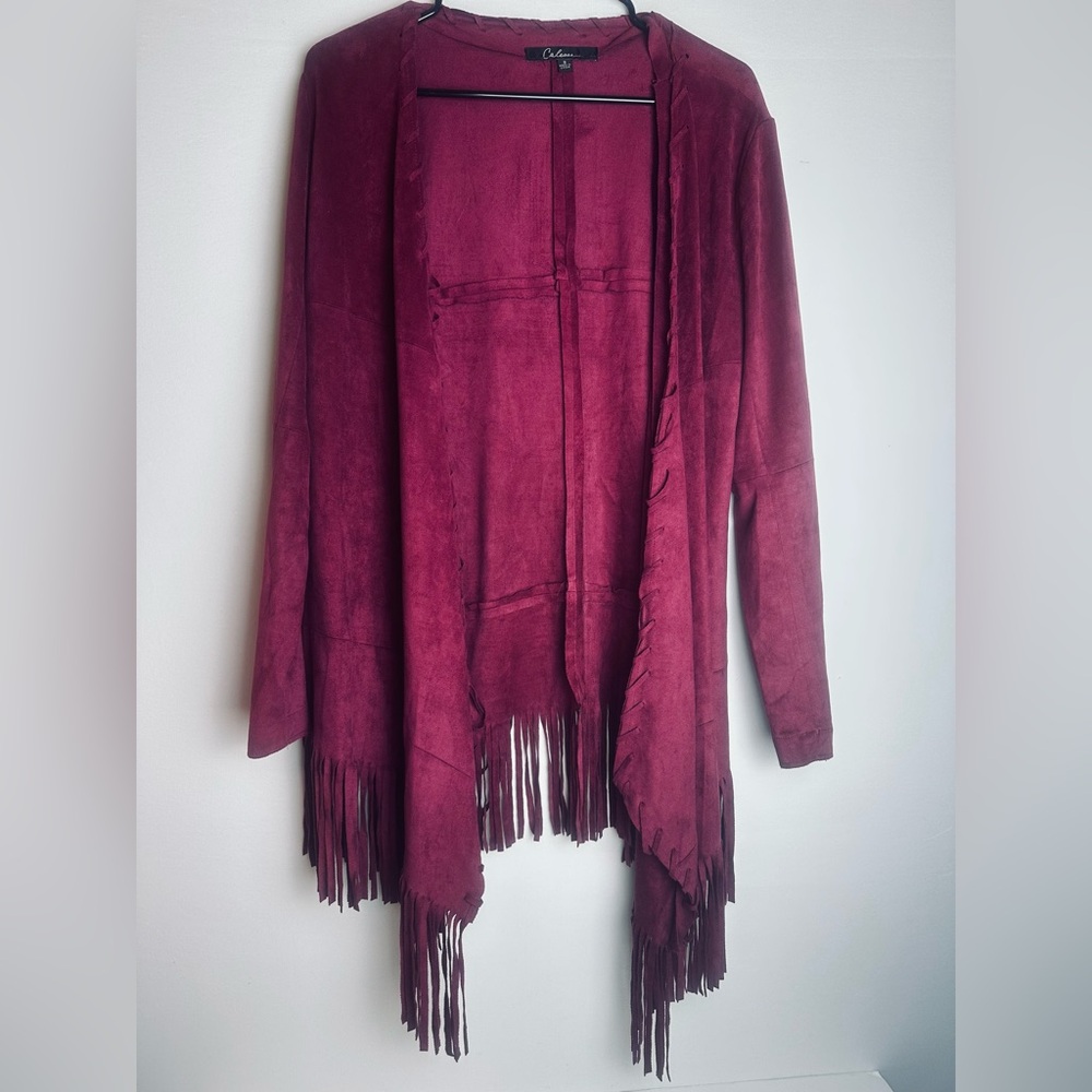 ❗️Soft burgundy wine faux suede fringe western open cardigan shawl size small